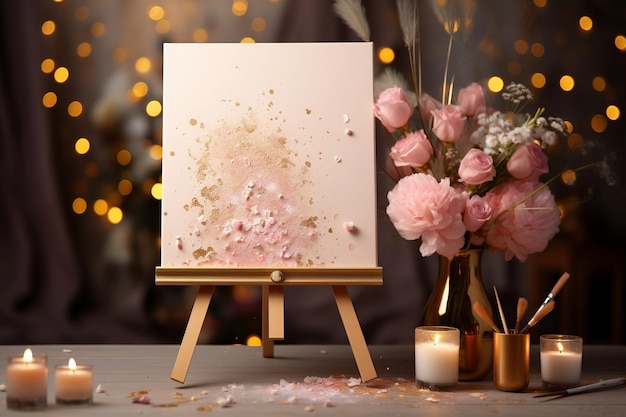 Arte floral y de velas con un lienzo en blanco Ai Generative