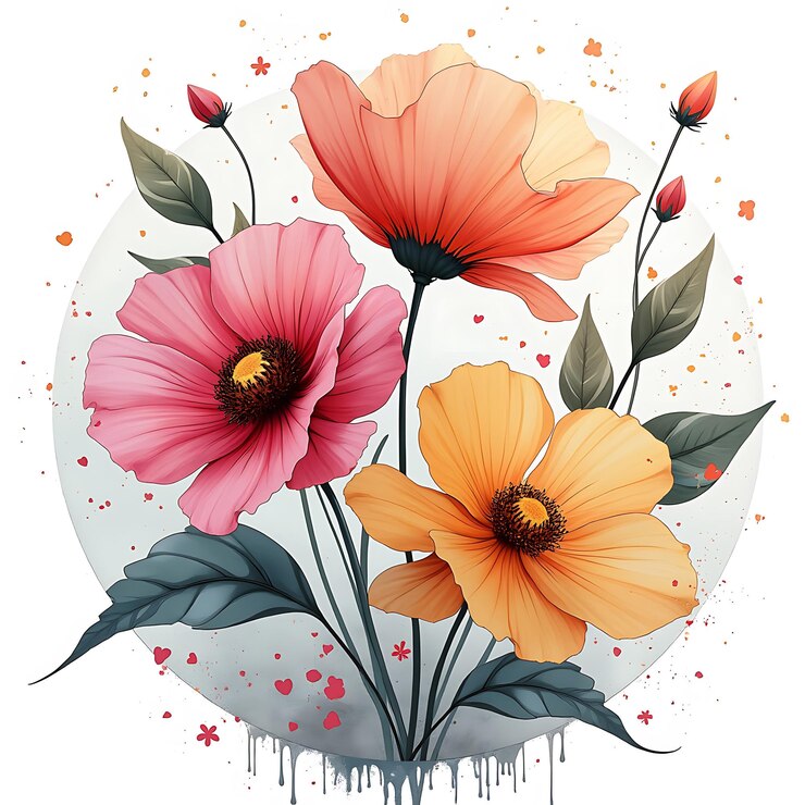 arte de flores abstractas con salpicaduras de acuarela y delicados trabajos de línea creando un efecto de ensueño