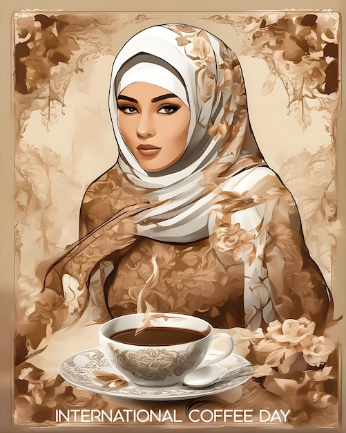 Arte flores garota árabe Iêmen Café do dia internacional
