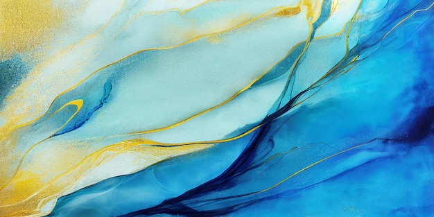 Arte fluida abstrata pintura textura cores azuis e douradas