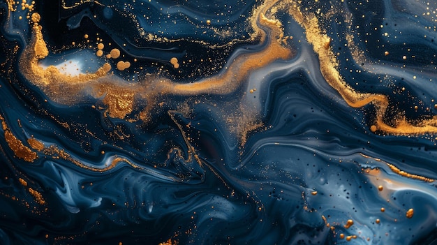 Arte fluida com ouro metálico e redemoinhos azuis profundos de alto contraste