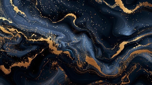 Arte fluida com ouro metálico e redemoinhos azuis profundos de alto contraste