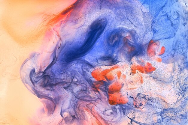Arte fluida líquida Fundo abstrato Laranja azul tinta acrílica subaquática fumaça galáctica oceano