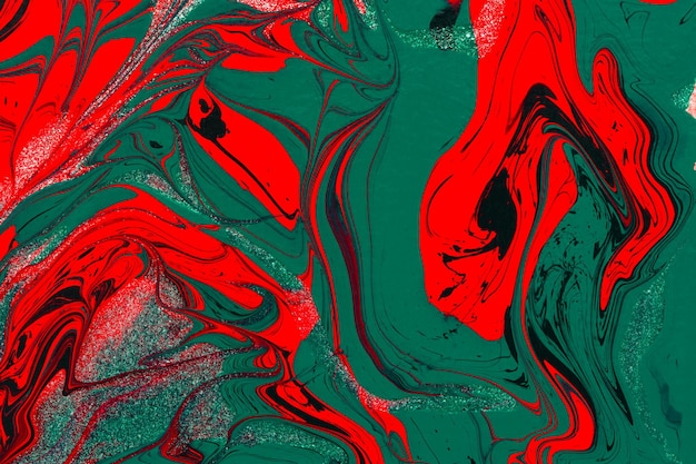 Arte fluido acrílico verde rojo, fondo de Navidad creativo abstracto