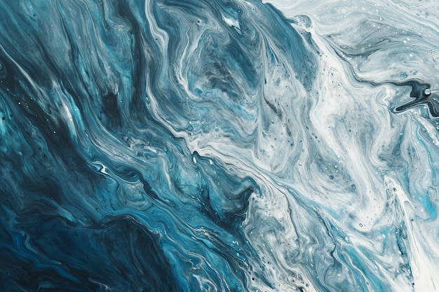 Arte fluido. La pintura abstracta líquida azul, blanca y negra gotea y ondea. Fondo o textura efecto mármol