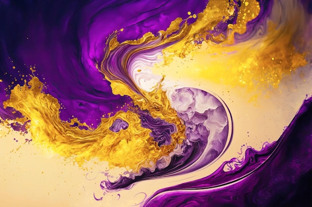 Arte fluido tinta púrpura líquida y oro metálico goteo abstracto y onda Ilustración generativa de IA