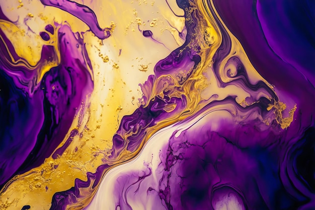 Arte fluido tinta púrpura líquida y oro metálico goteo abstracto y onda Ilustración generativa de IA