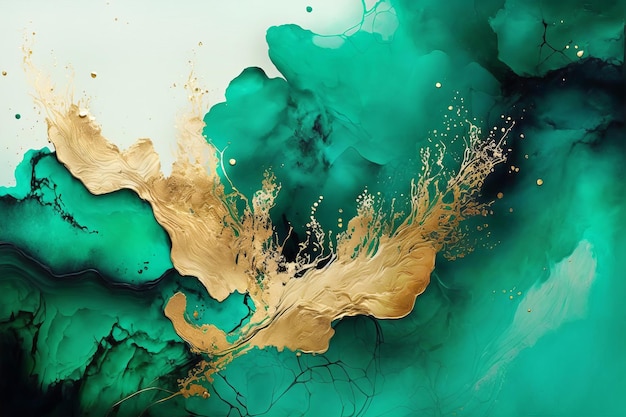 Arte fluido Tinta verde jade líquida y gotas abstractas metálicas doradas y ondas Ilustración generativa de IA