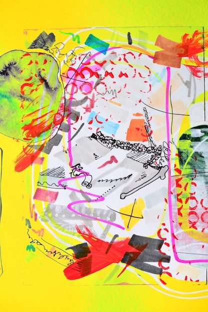 Arte de fondo abstracto collage de piezas de papel de colores patrón de pintura amarilla líneas gráficas y formas muestras para el diseño