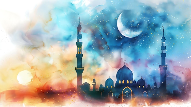 Arte de fondo de acuarela una hermosa escena con una mezquita y árabe islámico