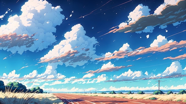 Arte de fondo de anime de un hermoso cielo azul interminable con muchas nubes arte generado por la red neuronal