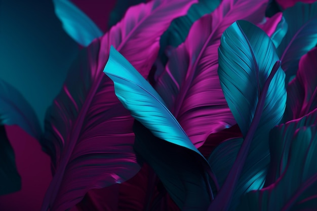 Arte de fondo diseño tropical jungla hoja púrpura noche planta neón exótico IA generativa