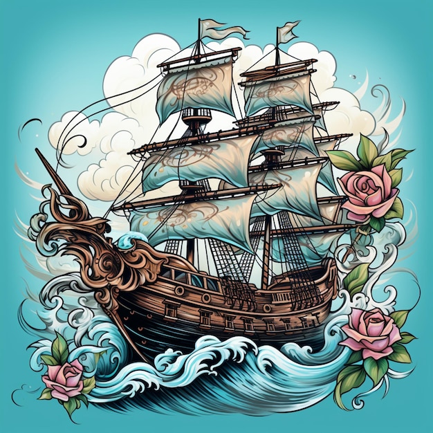 Arte de fondo vectorial estilo tatuaje de barco pirata