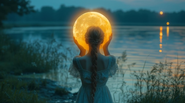 Arte foto magia Fantasia mulher e lua segurando o universo planeta nas mãos levanta para o céu da noite escura