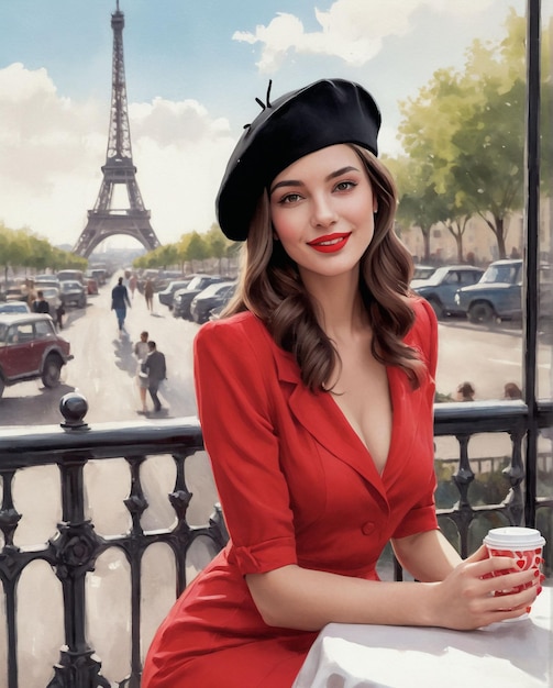 Arte fotorrealista digital de uma bela garota francesa vestindo um vestido vermelho.