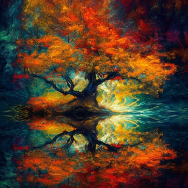 Arte fractal abstracto del árbol que domina un lago