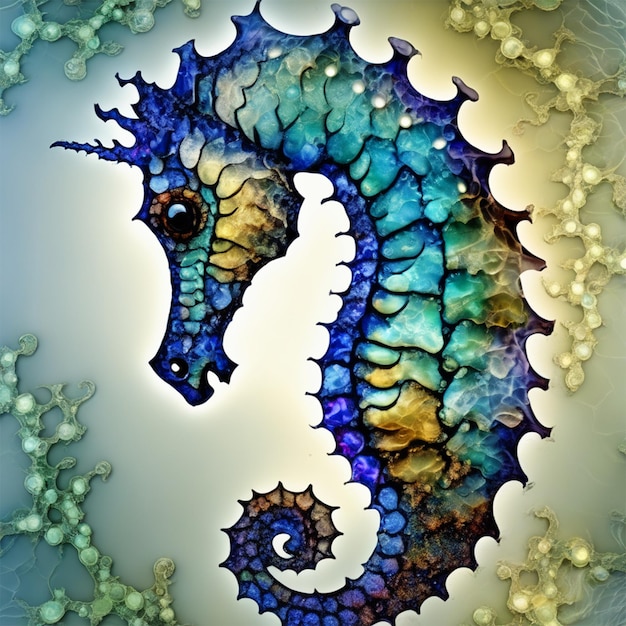 Arte fractal de un caballo de mar en el estilo de alcohol tinta mosaico enfoque suave sin contraste cinematográfico