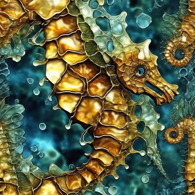 Arte fractal de un caballo de mar en el estilo de alcohol tinta mosaico enfoque suave sin contraste cinematográfico