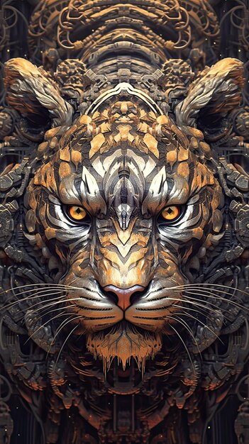 Arte fractal de tigre en oro.