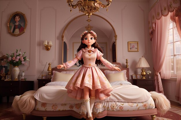 arte de la frente baja niña victoriana de 12 años saltando en el aire en la cama en el dormitorio iluminado en la oscuridad vestida con rubor y cobre terciopelo Versace