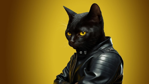 Foto el arte de los gatos, la chaqueta de cuero, el papel tapiz amarillo y negro.