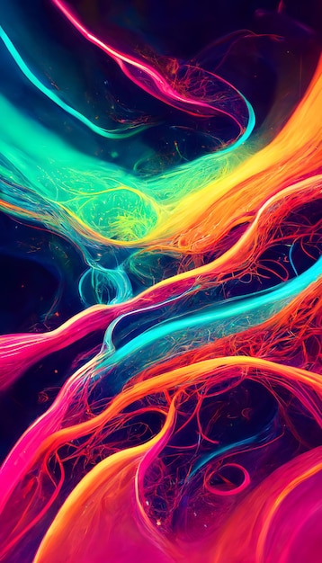 Arte generado por la red neuronal de fondo de fibras de neón colorido abstracto