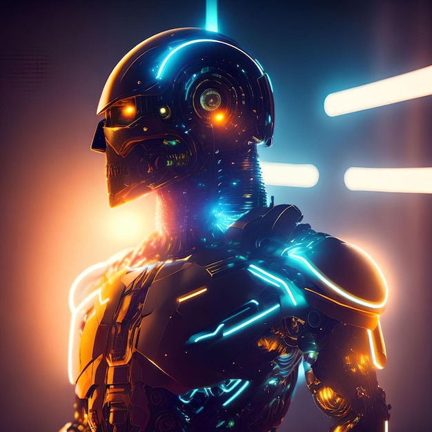 Arte generativa de androide humano ciborgue de metal futuro por IA