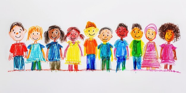 Arte generativo AI dibujado a lápiz por niños ingenuos, ilustración de diferentes personas multiétnicas