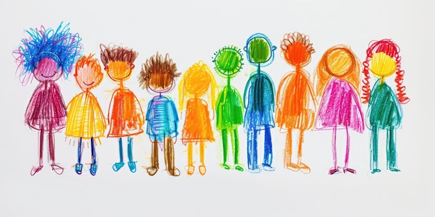Arte generativo AI dibujado a lápiz por niños ingenuos, ilustración de diferentes personas multiétnicas