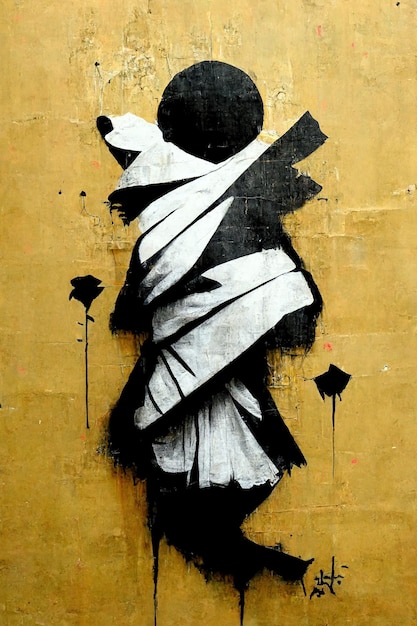 Arte generativo de grafiti callejero negro AI Ink sobre un fondo vintage de papel texturizado inspirado en Banksy