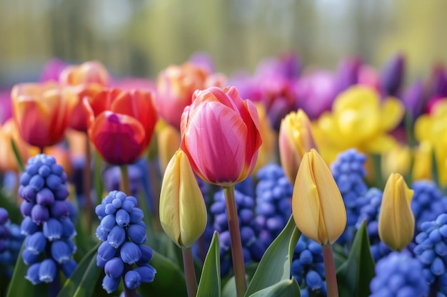 Arte generativo de la IA de los jardines de Keukenhof Un impresionante arboreto con flores frescas y campos