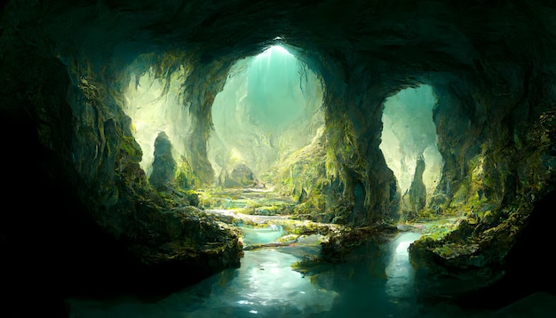 Arte gerada pela rede neural da caverna verde fantástica