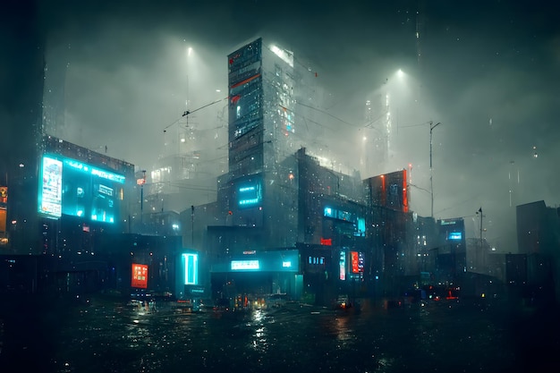 Arte gerada pela rede neural genérica da cidade do cyberpunk da noite chuvosa