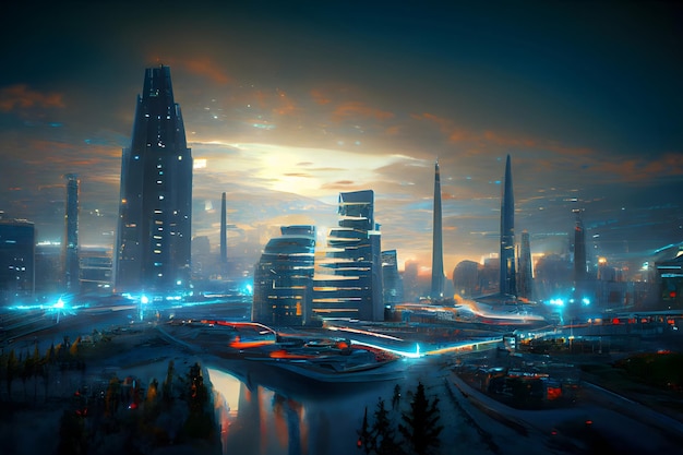 Arte gerada pela rede neural utópica da paisagem urbana abstrata da noite futurista