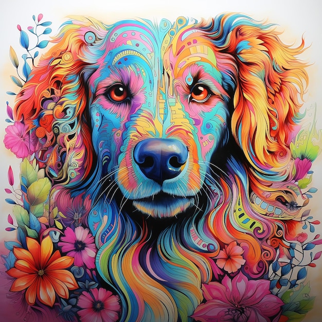 Arte gerada por AI com rosto de cachorro com cores vibrantes