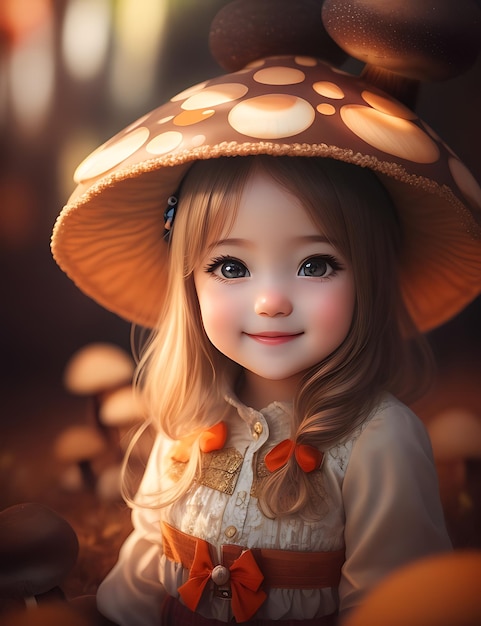 Arte gerada por Ai de uma linda menina com chapéu de cogumelo