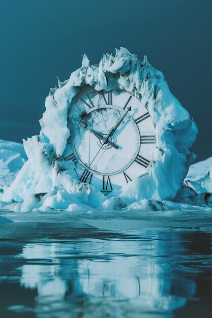 arte de un glaciar derretido con una superposición de reloj
