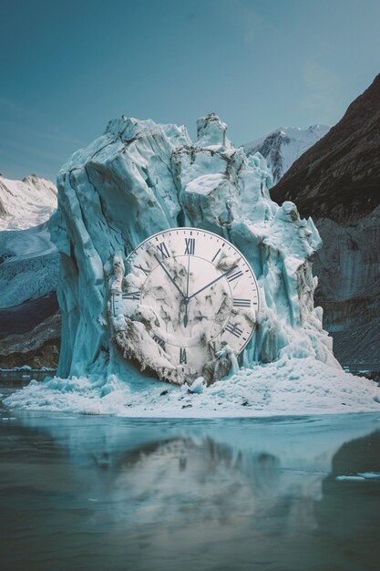 arte de un glaciar derretido con una superposición de reloj