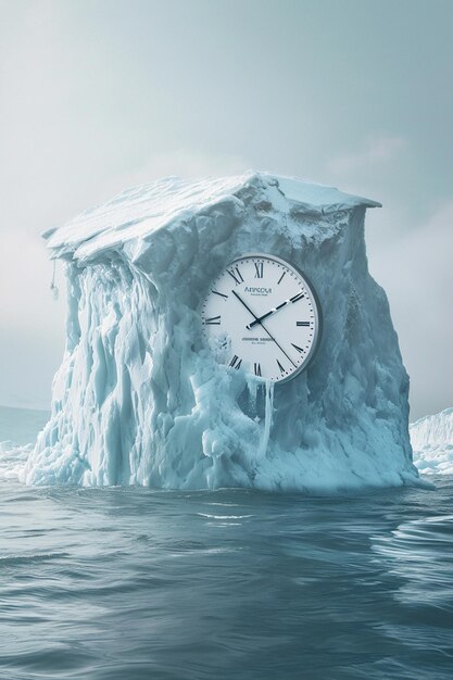 Foto arte de un glaciar derretido con una superposición de reloj