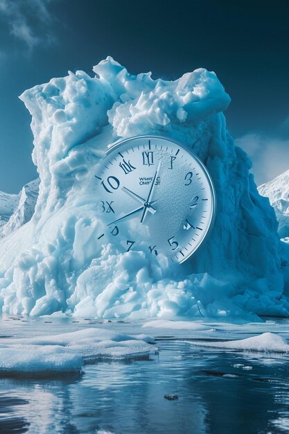 Foto arte de un glaciar derretido con una superposición de reloj