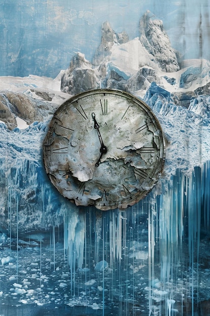 Foto arte de un glaciar derretido con una superposición de reloj