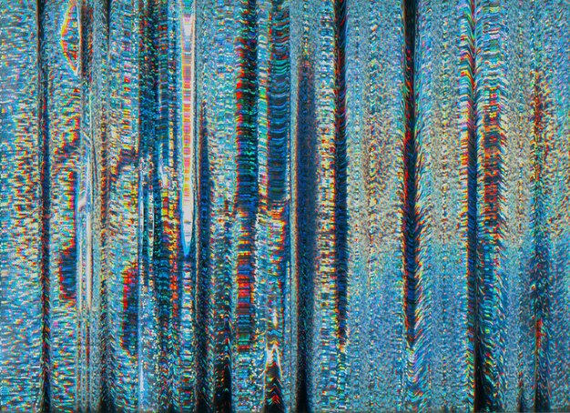 Arte glitch Textura de ruido de píxeles Superposición angustiada Error de transmisión Tecnología NFT Colorido azul naranja iridiscente defectos estáticos artefactos fondo abstracto