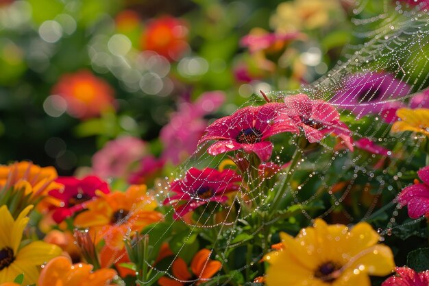 El arte de las gotas de rocío de primavera que adornan una telaraña rodeada de flores frescas