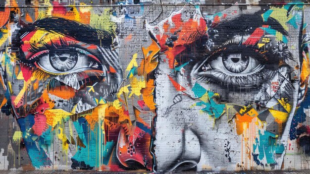 Foto arte de graffiti colorido de rostros abstractos en una pared fotografía de arte callejero urbano