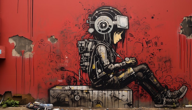 Arte graffiti Cyberpunk al estilo de Banksy.