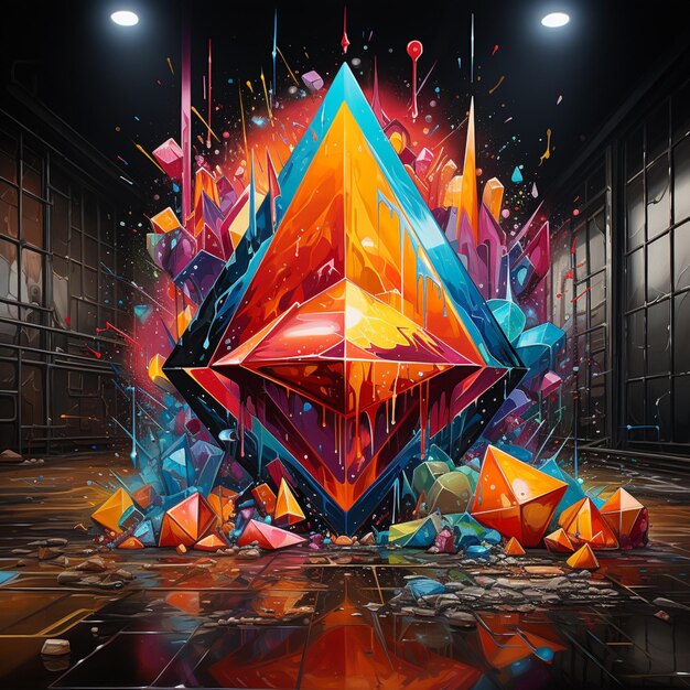 Arte de graffiti de un diamante colorido rodeado de formas coloridas