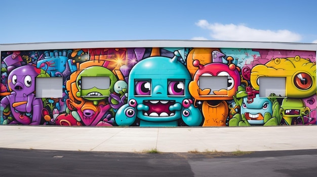 arte de graffiti en la pared de un edificio con un montón de personajes de dibujos animados ai generativo