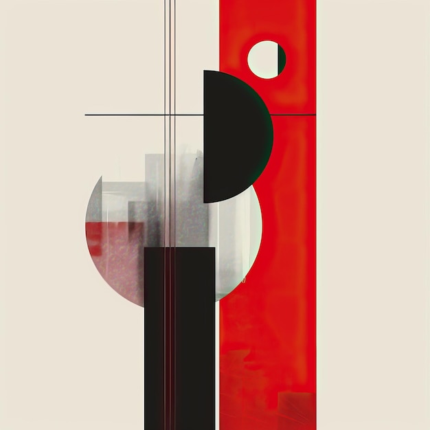 Arte gráfica moderna com formas geométricas vermelhas e pretas sobrepostas a círculos translúcidos