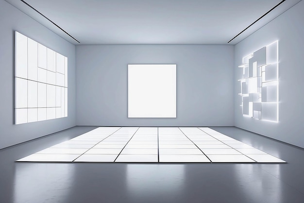 Foto arte en una habitación con paneles de suelo led reactivos maqueta con espacio vacío blanco en blanco para colocar su diseño