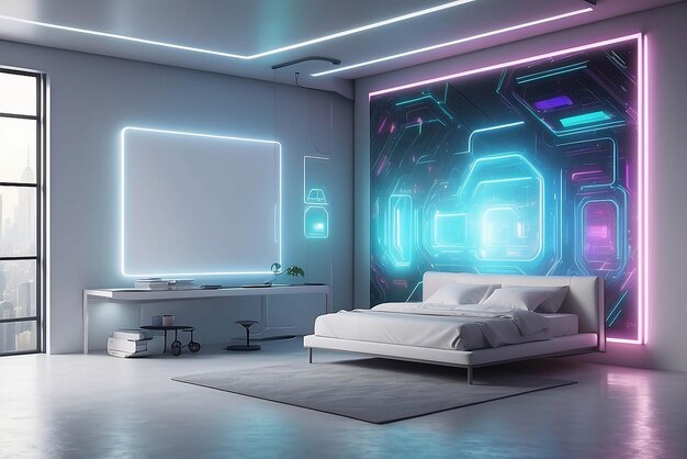 Foto arte holográfica futurista em uma maquete de sala com tema cyberpunk com espaço branco vazio para colocar seu projeto